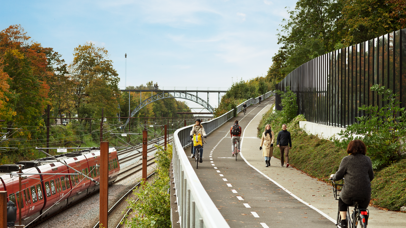 Walking path, cycling path, and train tracks in Denmark