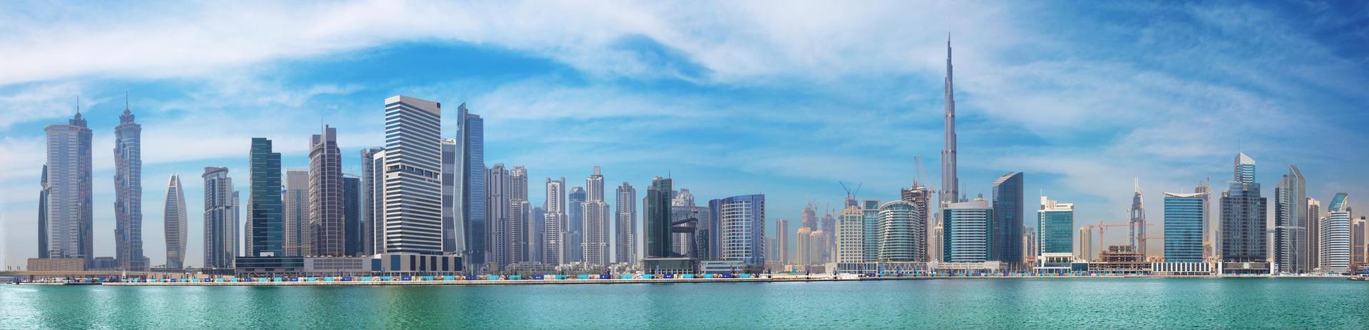 DUBAI, UAE - MARCH 29, 2017: The panorama with the new Canal and skyscrapers of Downtown.